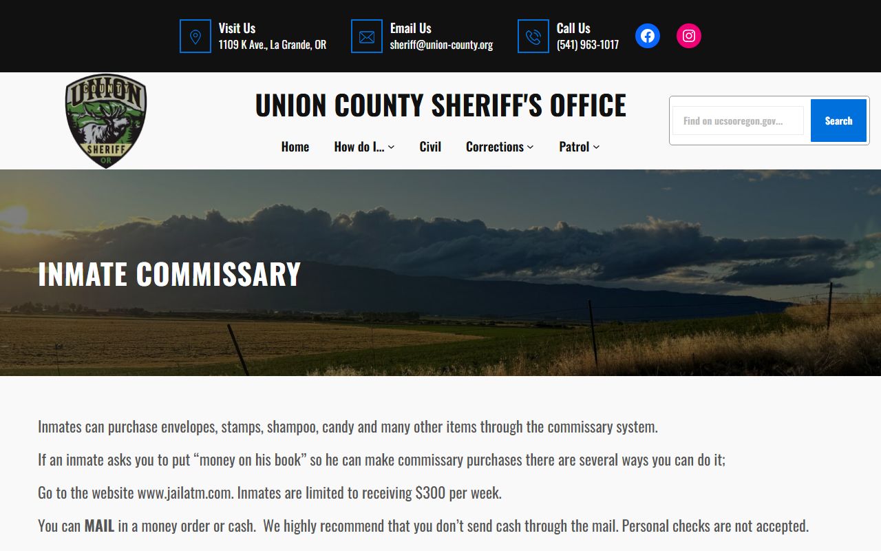 Union County commissary page showing JailATM deposits and weekly limit