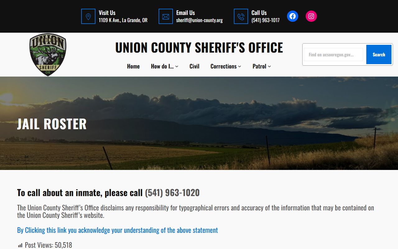 Union County jail roster landing page used for Wallowa County inmate population custody search