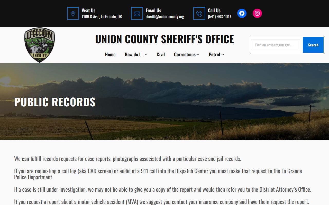 Union County public records page for Wallowa County inmate population jail records and booking photo requests